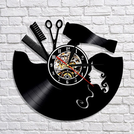 Barbershop dekor vinylplate veggklokke frisør