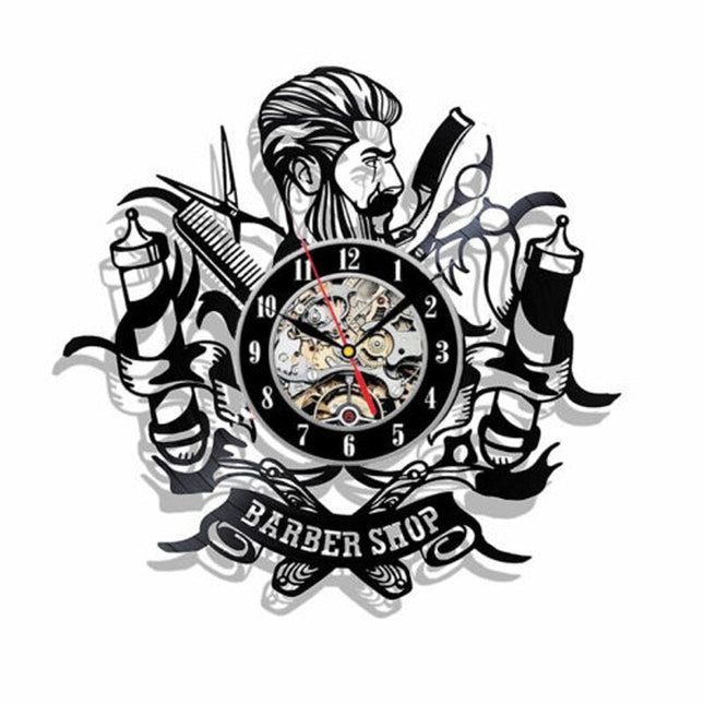Barbershop dekor vinylplate veggklokke frisør