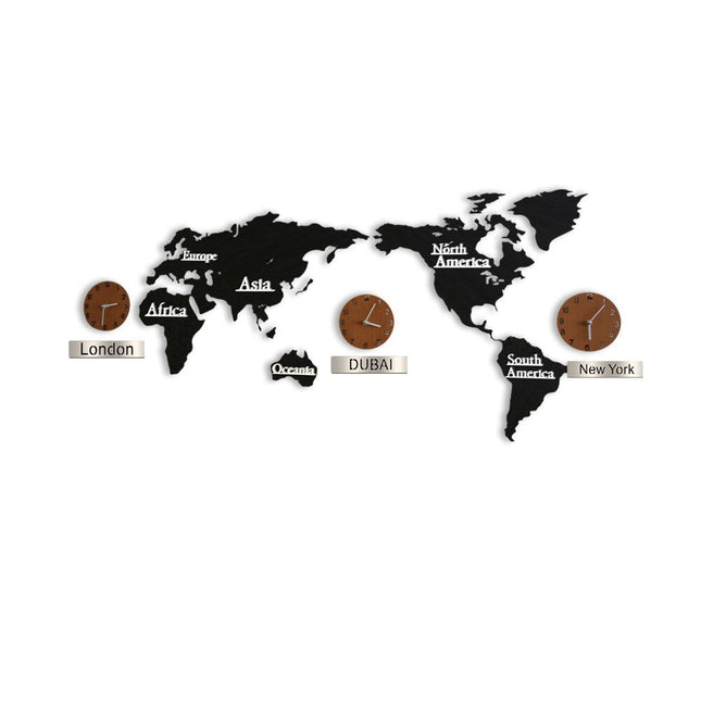 Stor veggklokke med verdenskart og tidssoner