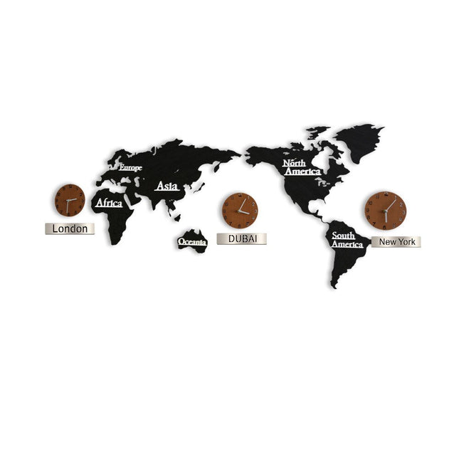 Stor veggklokke med verdenskart og tidssoner