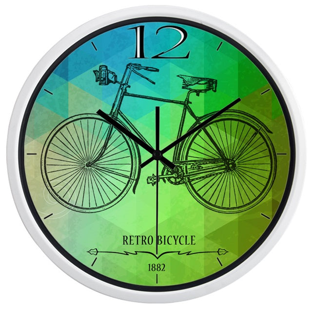 Rund vintage veggklokke med retro sykkelmotiv