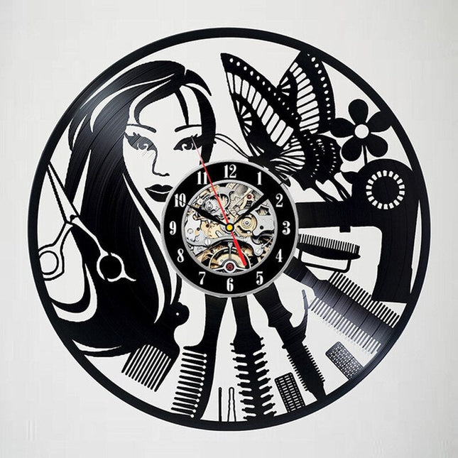 Barbershop dekor vinylplate veggklokke frisør