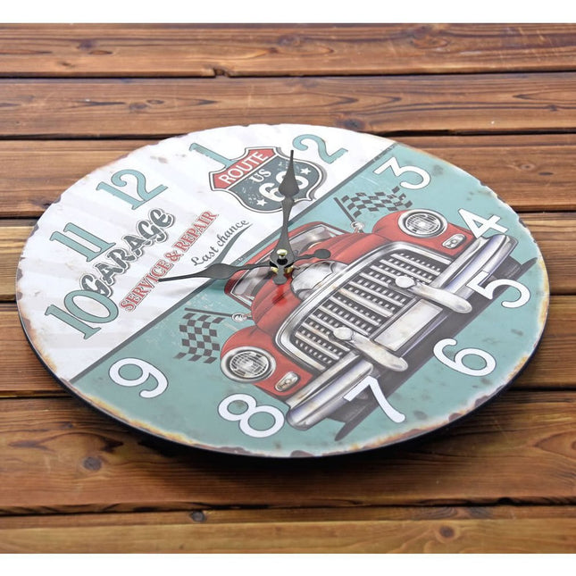Retro garasjeklokke med bilmotiv