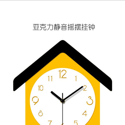 Gul veggklokke med fugl pendel