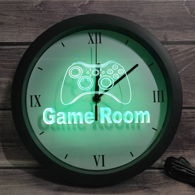 Lysende LED-veggklokke for gamer-rom