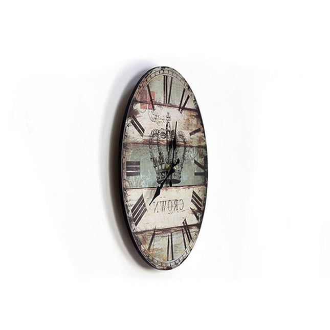 Rund vintage veggklokke med kronemotiv