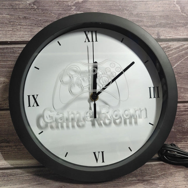Lysende LED-veggklokke for gamer-rom