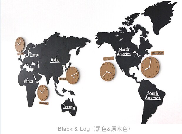 Veggklokke med verdenskart for flere tidssoner