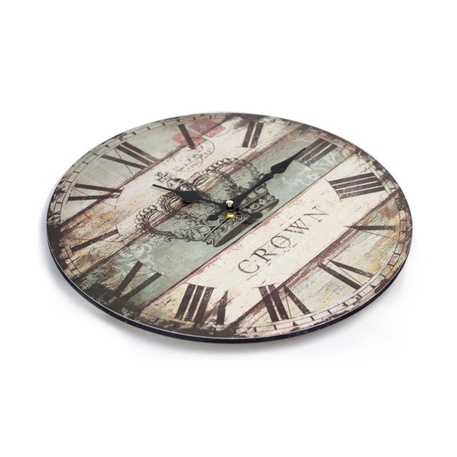 Rund vintage veggklokke med kronemotiv