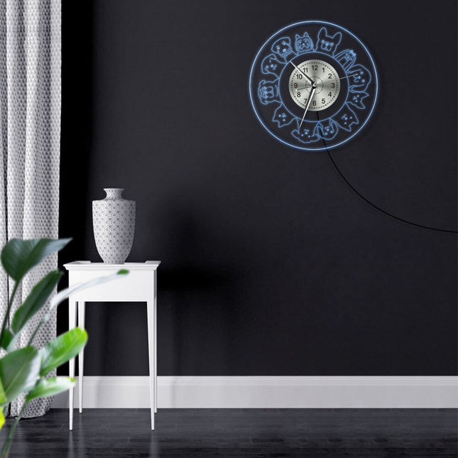 Lysende LED-veggklokke med hundemotiver