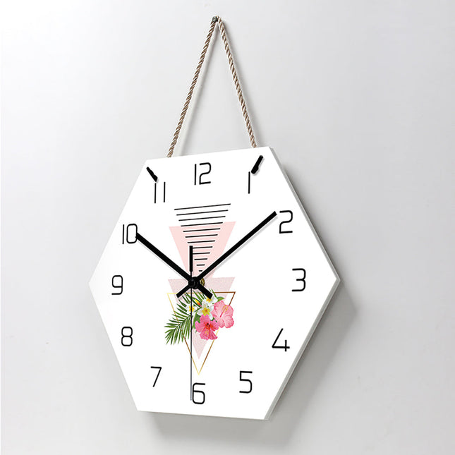 Sekskantet veggklokke med blomstermotiv