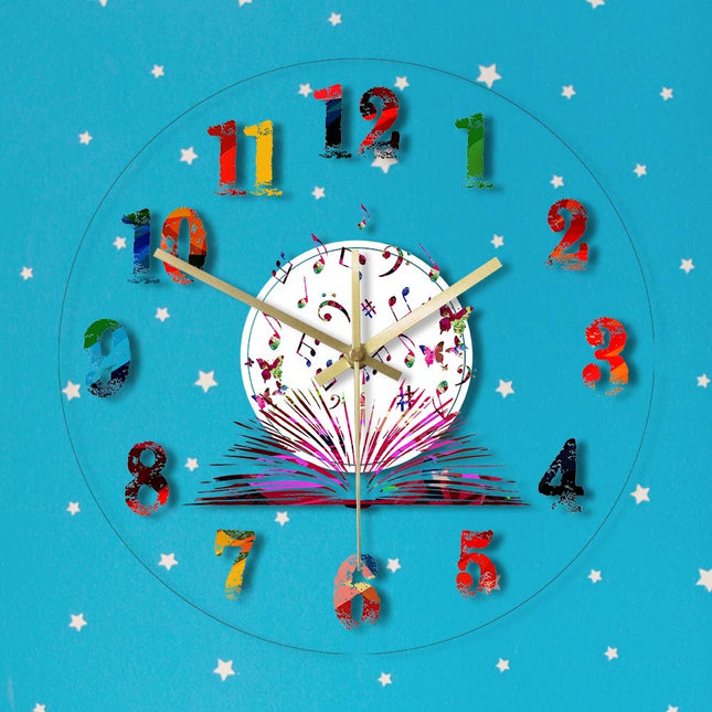 Kreativ akryl veggklokke med bokmotiv