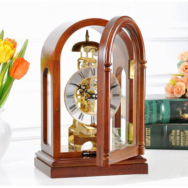 Mekanisk bordklokke i tre skjelettur