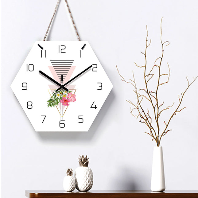Sekskantet veggklokke med blomstermotiv