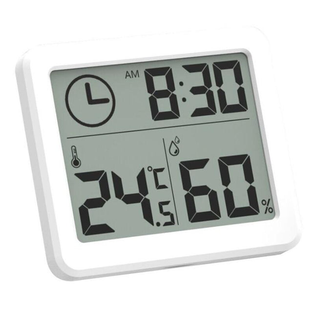 Hvit digital klokke med termometer
