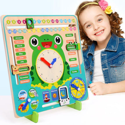Læringstavle i tre med klokke og kalender