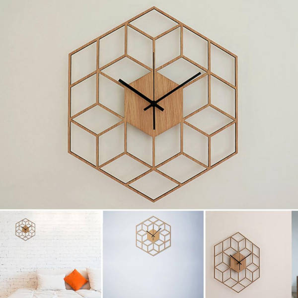Geometrisk veggklokke i tre med kuber