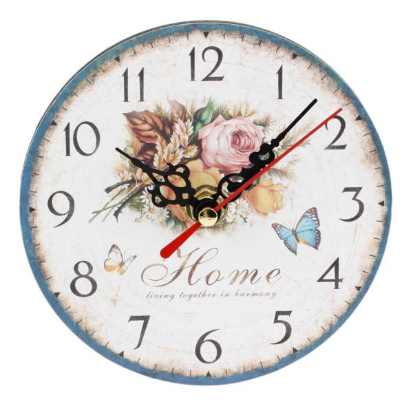Vintage veggklokke i tre med blomster